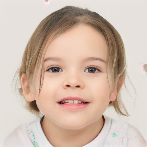 Joyful white child female with medium  brown hair and blue eyes