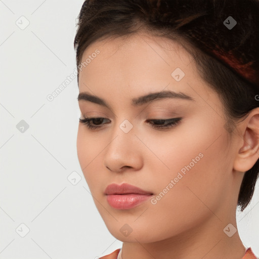 Neutral white young-adult female with medium  brown hair and brown eyes