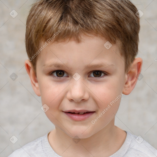 Joyful white child male with short  brown hair and brown eyes