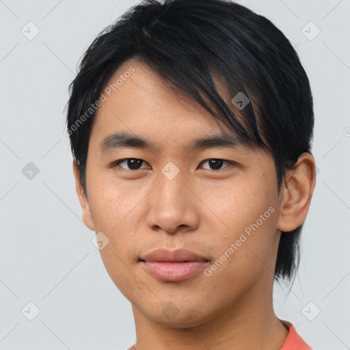 Neutral asian young-adult male with short  black hair and brown eyes