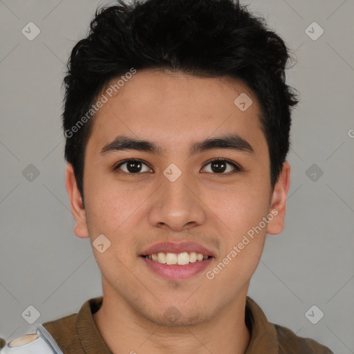 Joyful latino young-adult male with short  brown hair and brown eyes