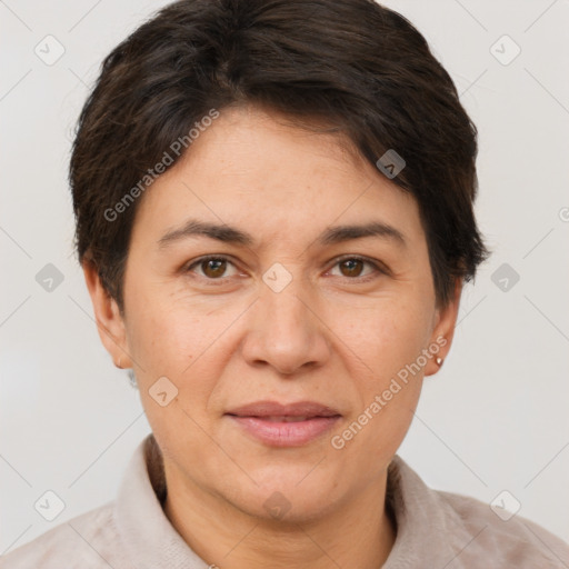 Joyful white adult female with short  brown hair and brown eyes