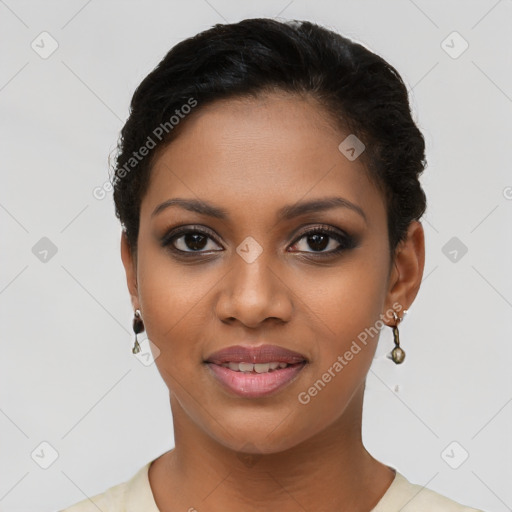 Joyful latino young-adult female with short  brown hair and brown eyes