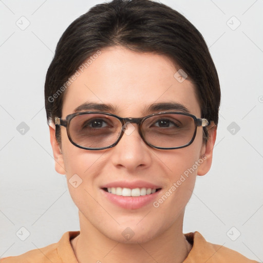 Joyful white young-adult female with short  brown hair and brown eyes