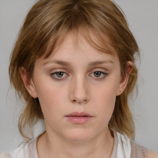 Neutral white young-adult female with medium  brown hair and blue eyes