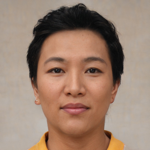 Neutral asian young-adult female with short  brown hair and brown eyes