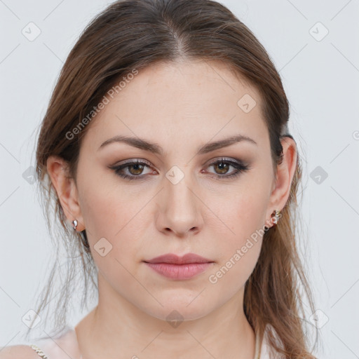 Neutral white young-adult female with medium  brown hair and grey eyes