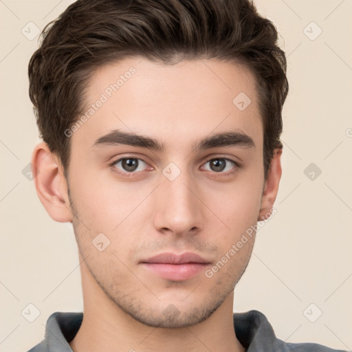 Neutral white young-adult male with short  brown hair and brown eyes