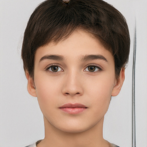 Neutral white young-adult female with short  brown hair and brown eyes