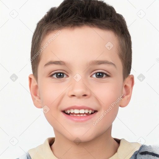 Joyful white child male with short  brown hair and brown eyes