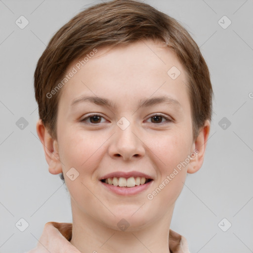 Joyful white young-adult female with short  brown hair and grey eyes