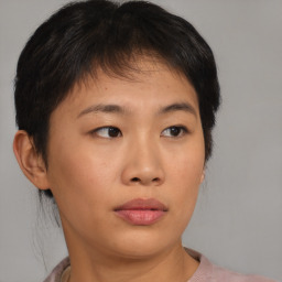 Neutral asian young-adult female with short  brown hair and brown eyes