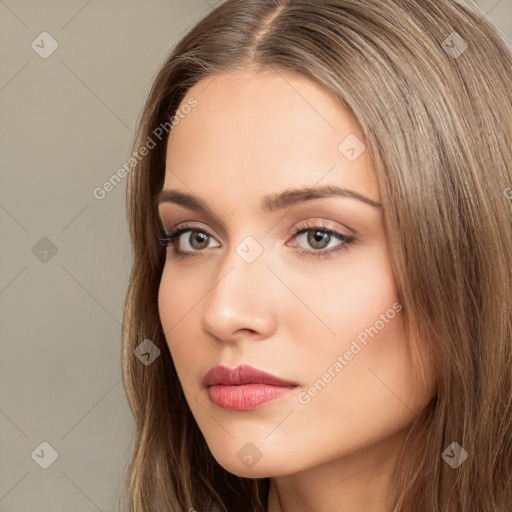 Neutral white young-adult female with long  brown hair and brown eyes