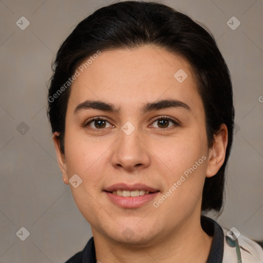 Joyful white young-adult female with medium  brown hair and brown eyes