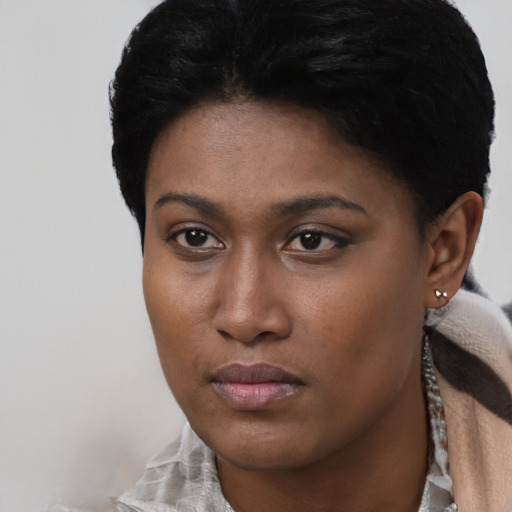 Neutral black young-adult female with short  black hair and brown eyes