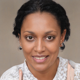 Joyful black adult female with medium  brown hair and brown eyes