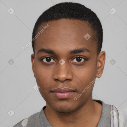 Neutral black young-adult male with short  black hair and brown eyes