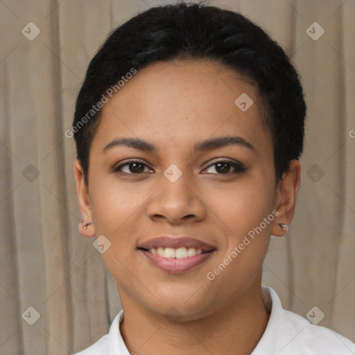 Joyful latino young-adult female with short  black hair and brown eyes