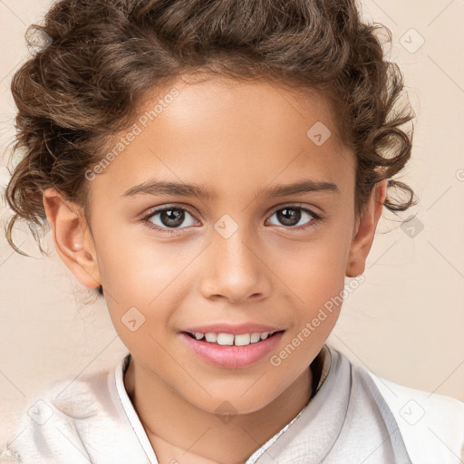 Joyful white child female with short  brown hair and brown eyes