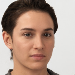Neutral white young-adult female with short  brown hair and brown eyes