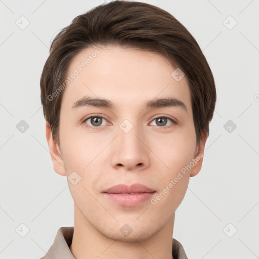 Neutral white young-adult male with short  brown hair and brown eyes