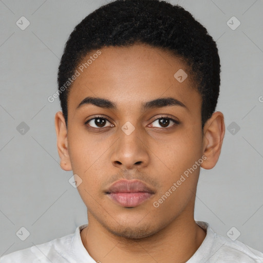 Neutral latino young-adult male with short  black hair and brown eyes