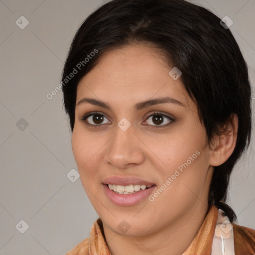 Joyful white young-adult female with medium  brown hair and brown eyes