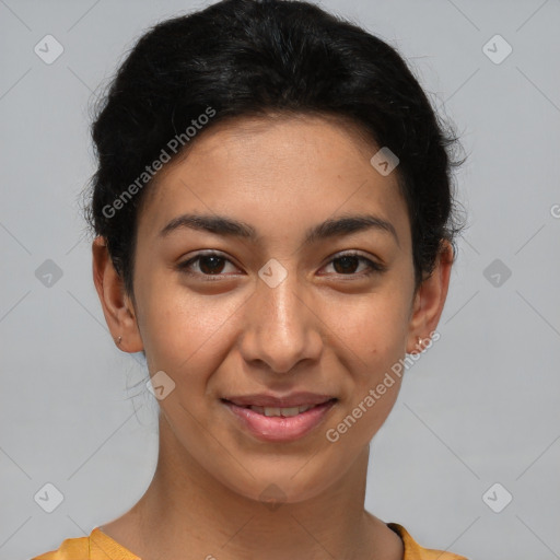 Joyful latino young-adult female with short  brown hair and brown eyes