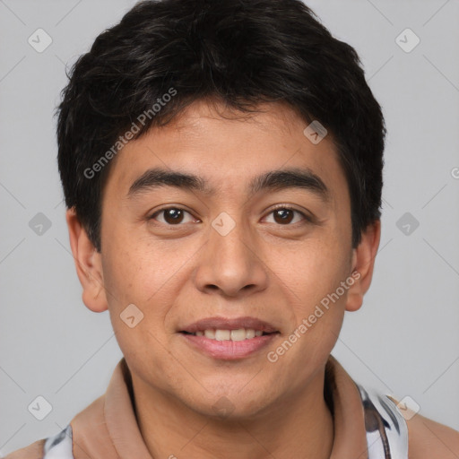 Joyful asian young-adult male with short  brown hair and brown eyes