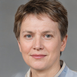 Joyful white adult male with short  brown hair and grey eyes