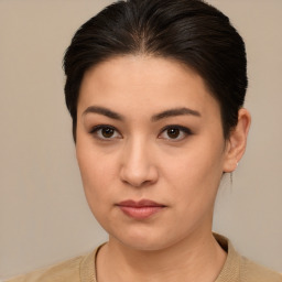 Neutral white young-adult female with short  brown hair and brown eyes