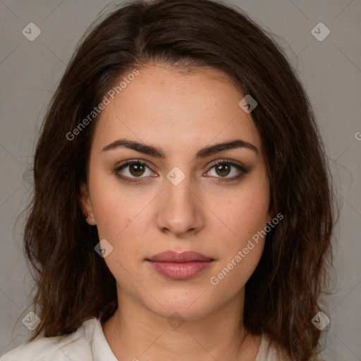 Neutral white young-adult female with medium  brown hair and brown eyes