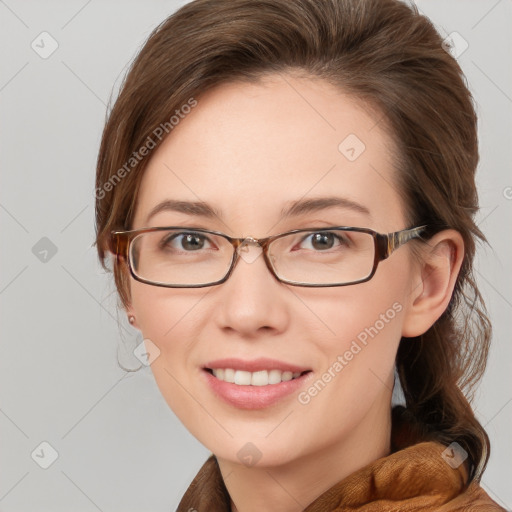 Joyful white young-adult female with medium  brown hair and blue eyes