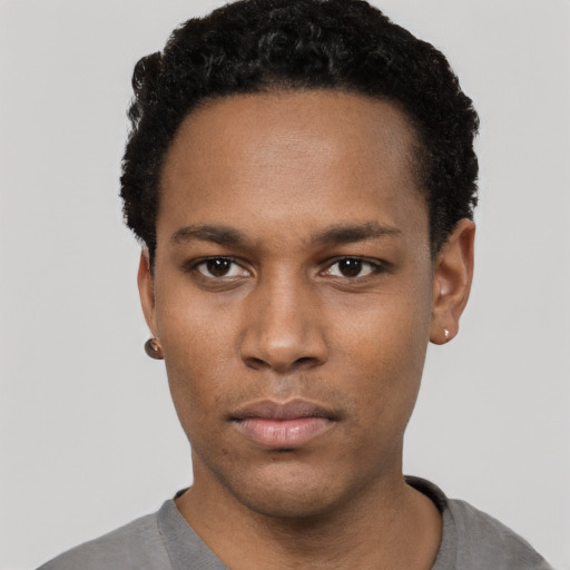 Neutral black young-adult male with short  black hair and brown eyes