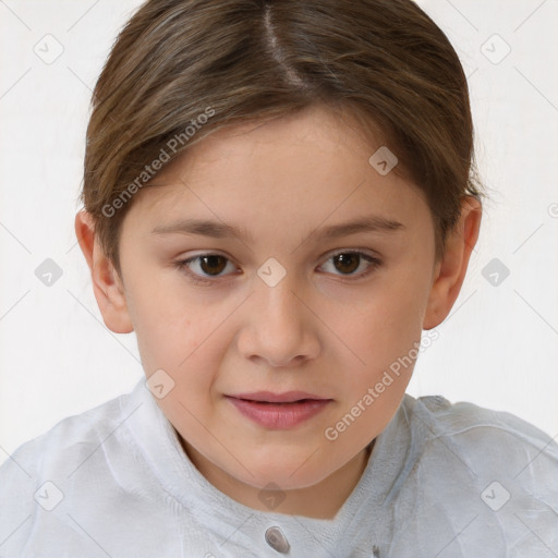 Joyful white child female with short  brown hair and brown eyes