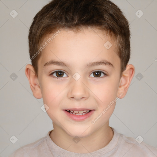 Joyful white child male with short  brown hair and brown eyes