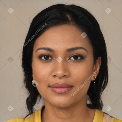 Joyful black young-adult female with medium  black hair and brown eyes