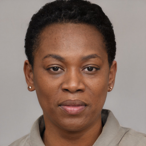 Joyful black adult female with short  black hair and brown eyes