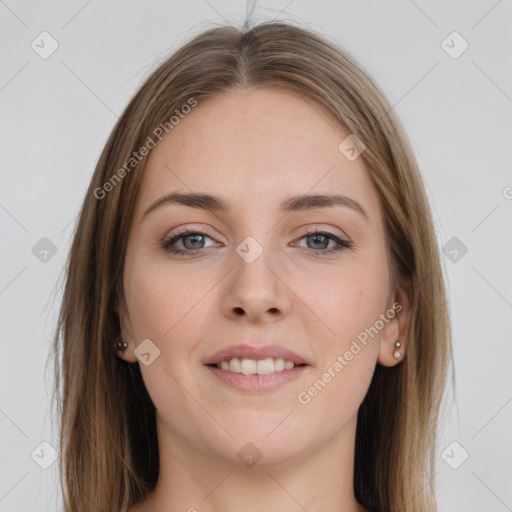 Joyful white young-adult female with long  brown hair and grey eyes