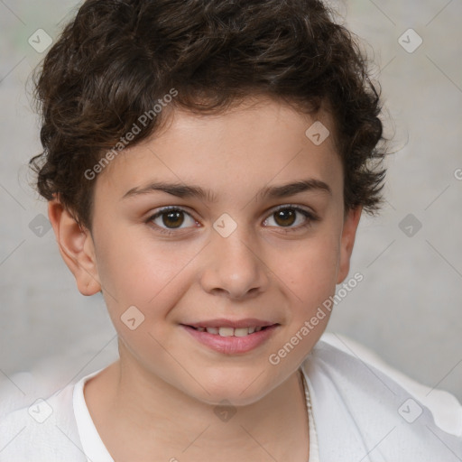 Joyful white child female with short  brown hair and brown eyes