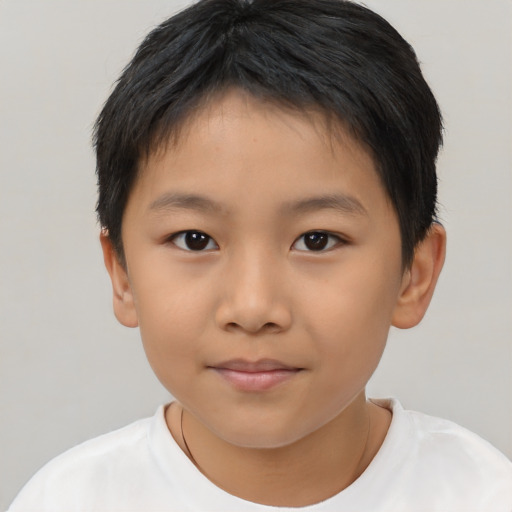Joyful asian child female with short  brown hair and brown eyes
