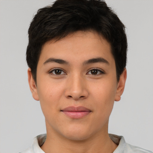 Joyful asian young-adult female with short  brown hair and brown eyes