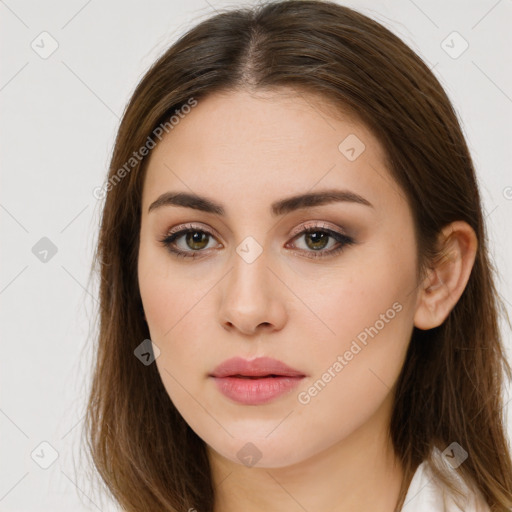 Neutral white young-adult female with long  brown hair and brown eyes