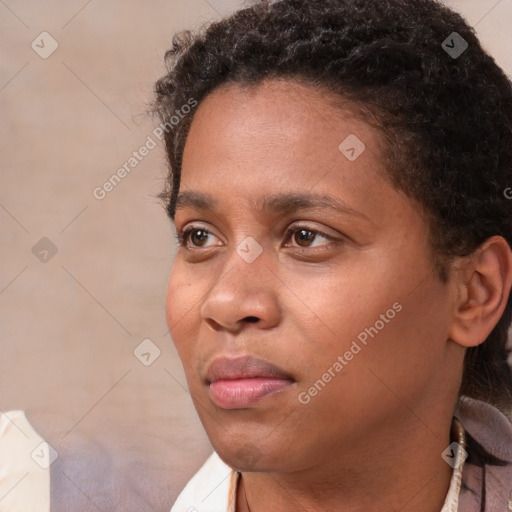 Neutral black young-adult female with short  brown hair and brown eyes