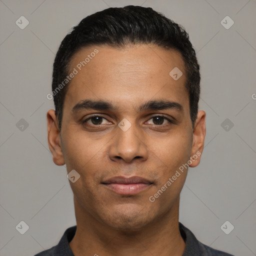 Neutral latino young-adult male with short  black hair and brown eyes