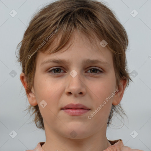 Joyful white child female with medium  brown hair and brown eyes