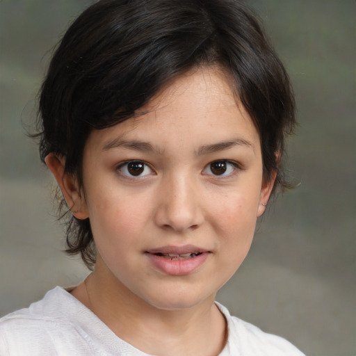 Joyful white child female with medium  brown hair and brown eyes