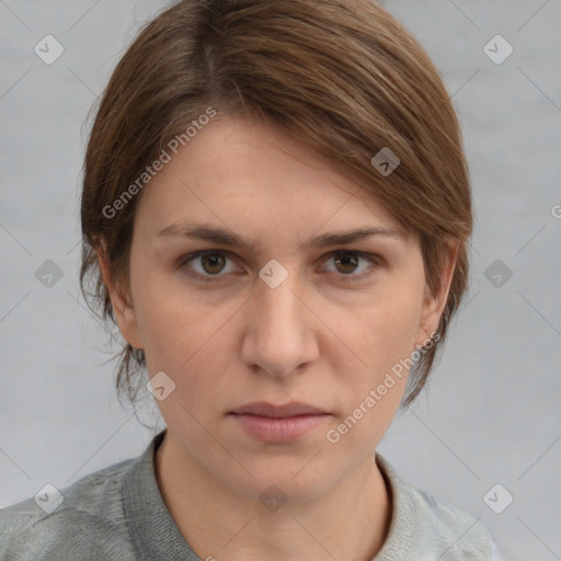 Neutral white young-adult female with medium  brown hair and grey eyes