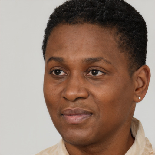 Joyful black adult female with short  black hair and brown eyes