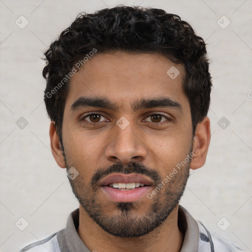 Neutral white young-adult male with short  black hair and brown eyes